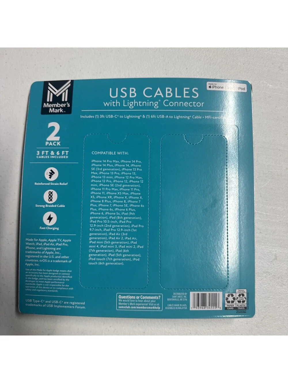 Member's Mark USB Type A to 8 Pin 3ft and 6ft Cables - 2 Pack For iPhone.